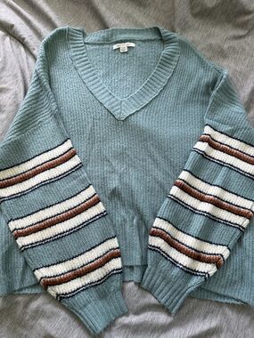 American Eagle Outfitters Seafoam V-Neck Sweater with Striped Sleeves